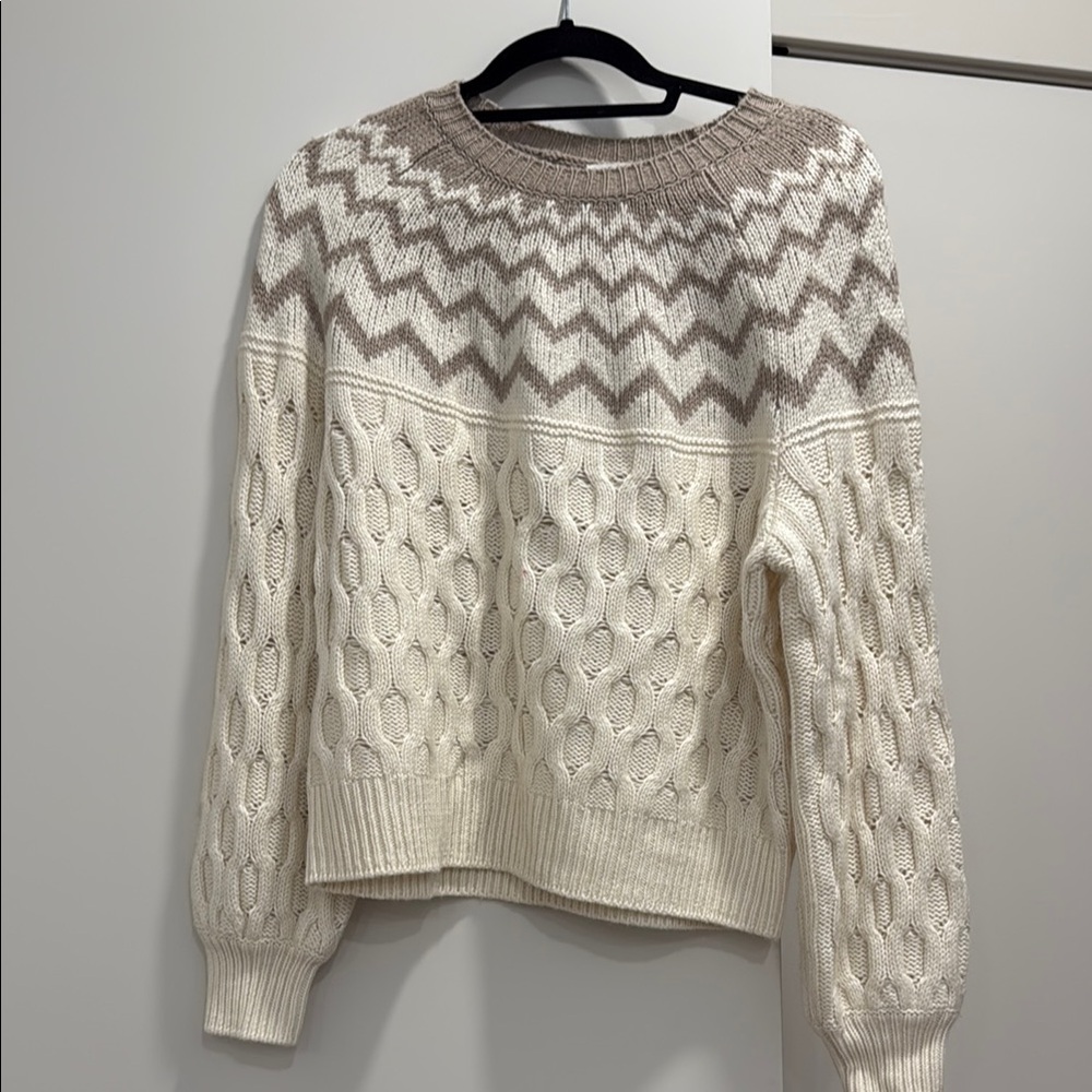 Splendid Cream and Brown Crew Neck Sweater with Textured Knit